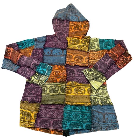 Karma Circle Patchwork Elephant Zip Hoodie Boho Hippie Festival Jacket Small - Picture 2 of 8
